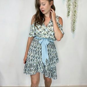 foxiedox Blue Floral Cold-Shoulder Tie-Waist Mini Dress